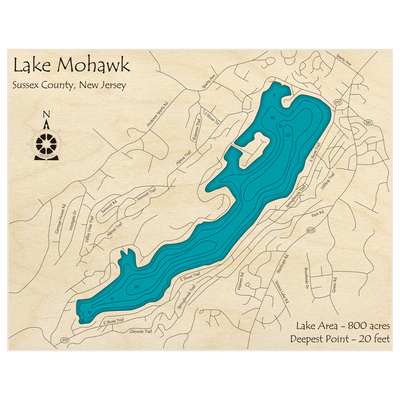 Bathymetric topo map of Lake Mohawk with roads, towns and depths noted in blue water