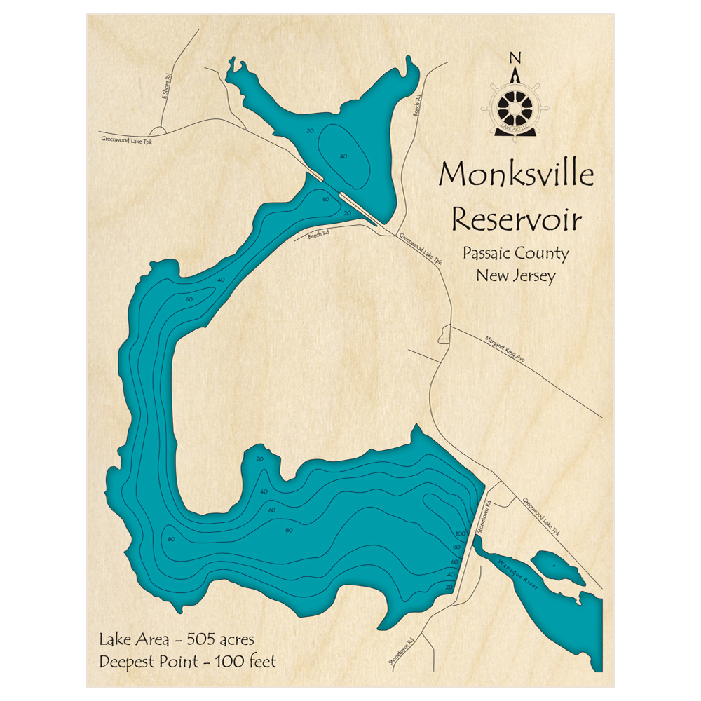 Bathymetric topo map of Monksville Reservoir with roads, towns and depths noted in blue water