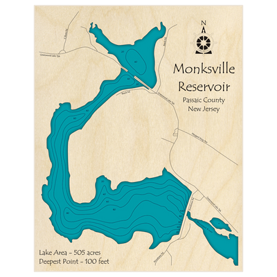 Bathymetric topo map of Monksville Reservoir with roads, towns and depths noted in blue water