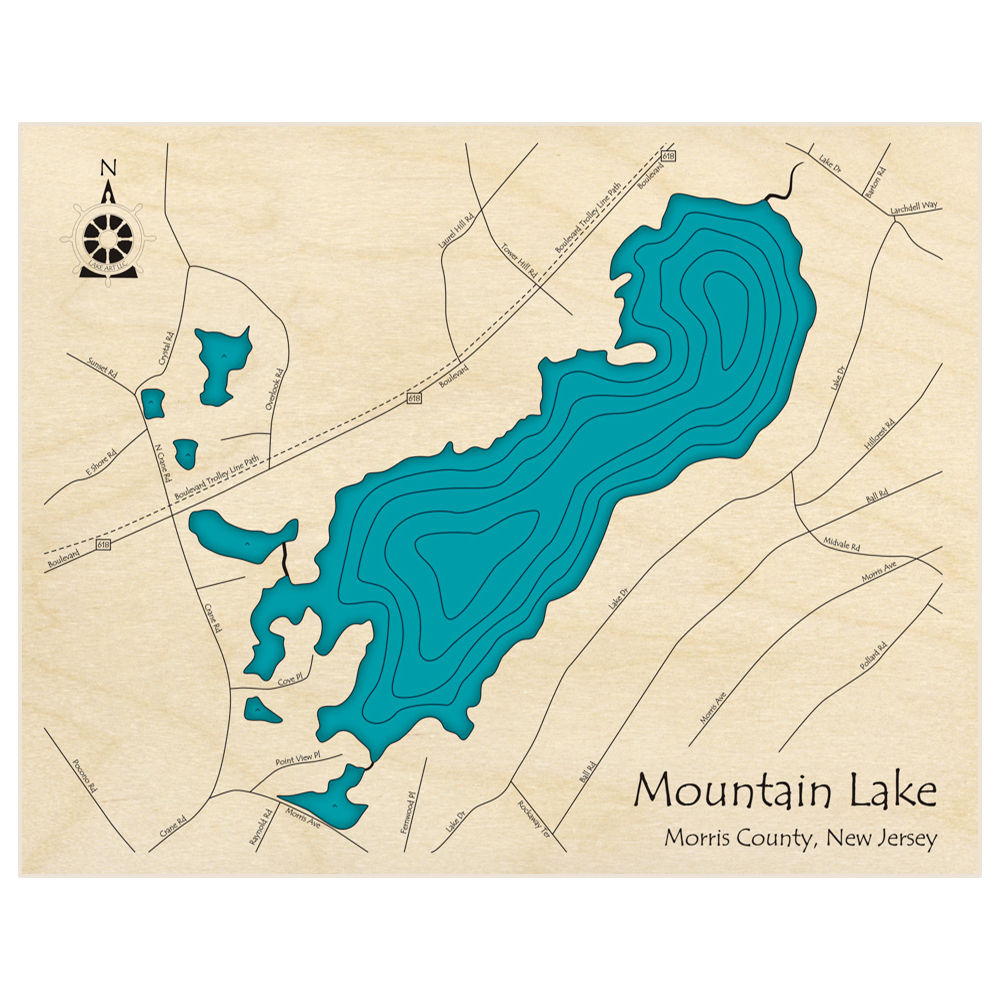 Bathymetric topo map of Mountain Lake with roads, towns and depths noted in blue water