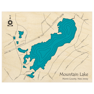 Bathymetric topo map of Mountain Lake with roads, towns and depths noted in blue water