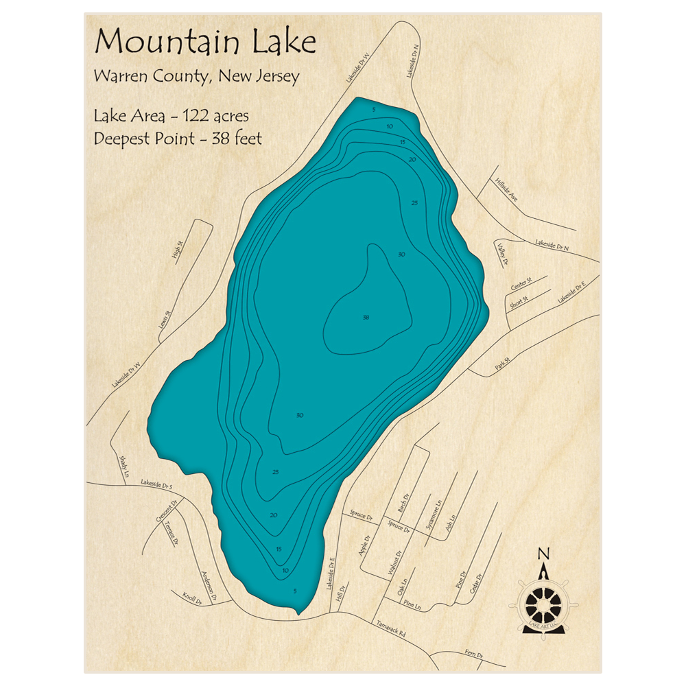 Bathymetric topo map of Mountain Lake with roads, towns and depths noted in blue water