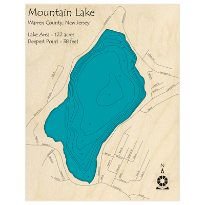 Bathymetric topo map of Mountain Lake with roads, towns and depths noted in blue water