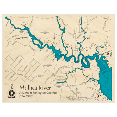 Bathymetric topo map of Mullica River with roads, towns and depths noted in blue water