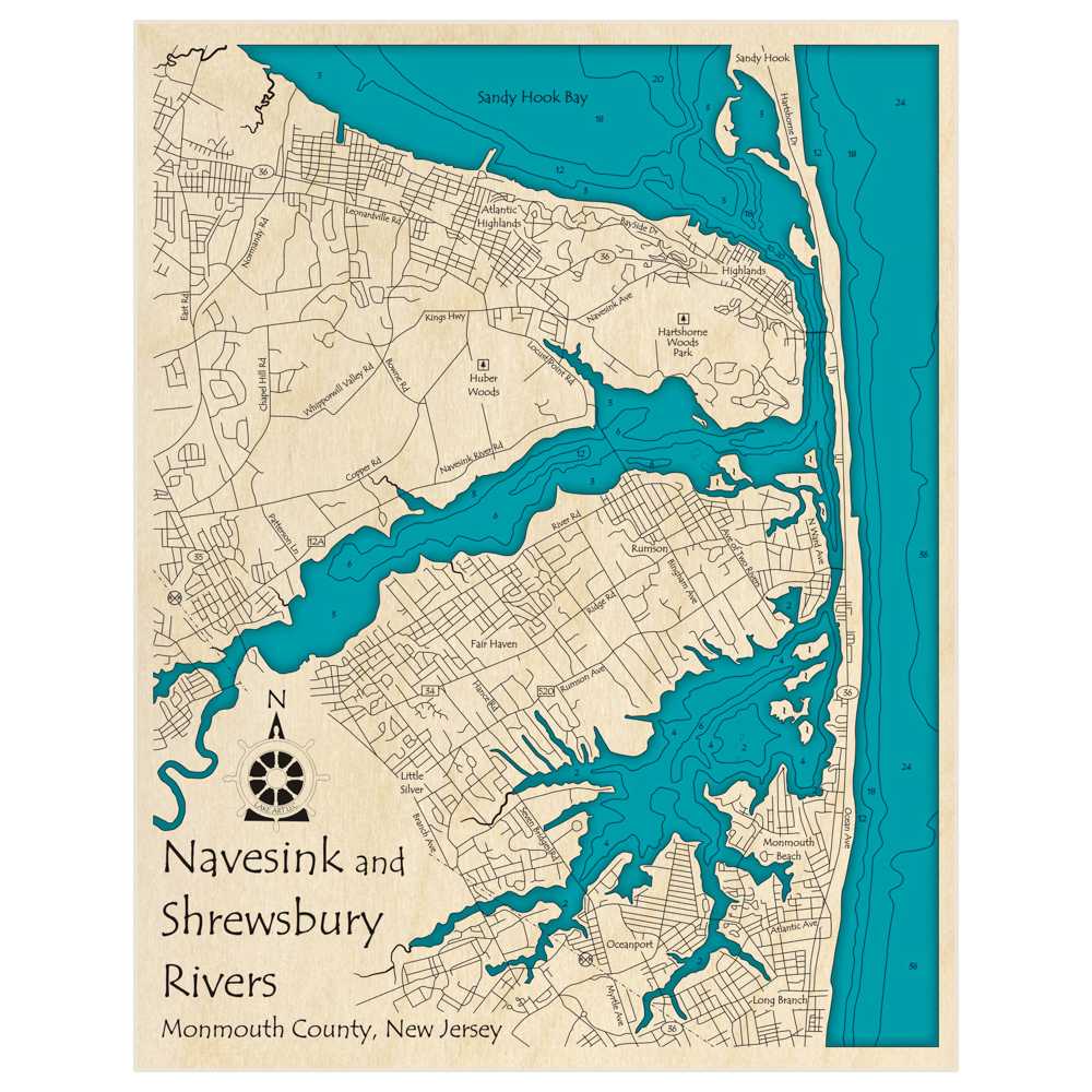 Bathymetric topo map of Navesink and Shrewsbury Rivers with roads, towns and depths noted in blue water