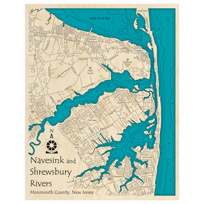 Bathymetric topo map of Navesink and Shrewsbury Rivers with roads, towns and depths noted in blue water