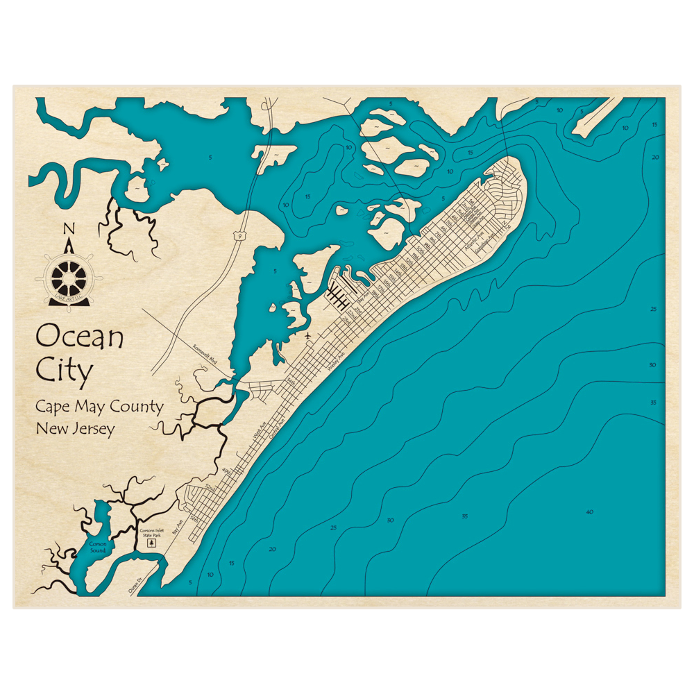 Bathymetric topo map of Ocean City with roads, towns and depths noted in blue water