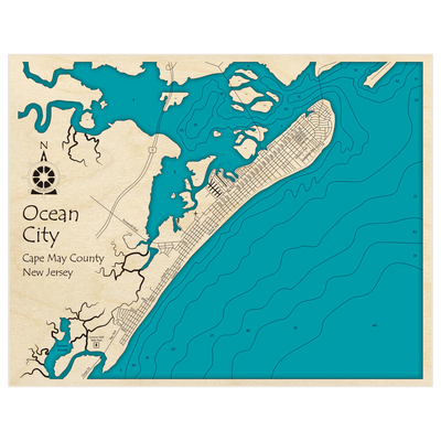 Bathymetric topo map of Ocean City with roads, towns and depths noted in blue water