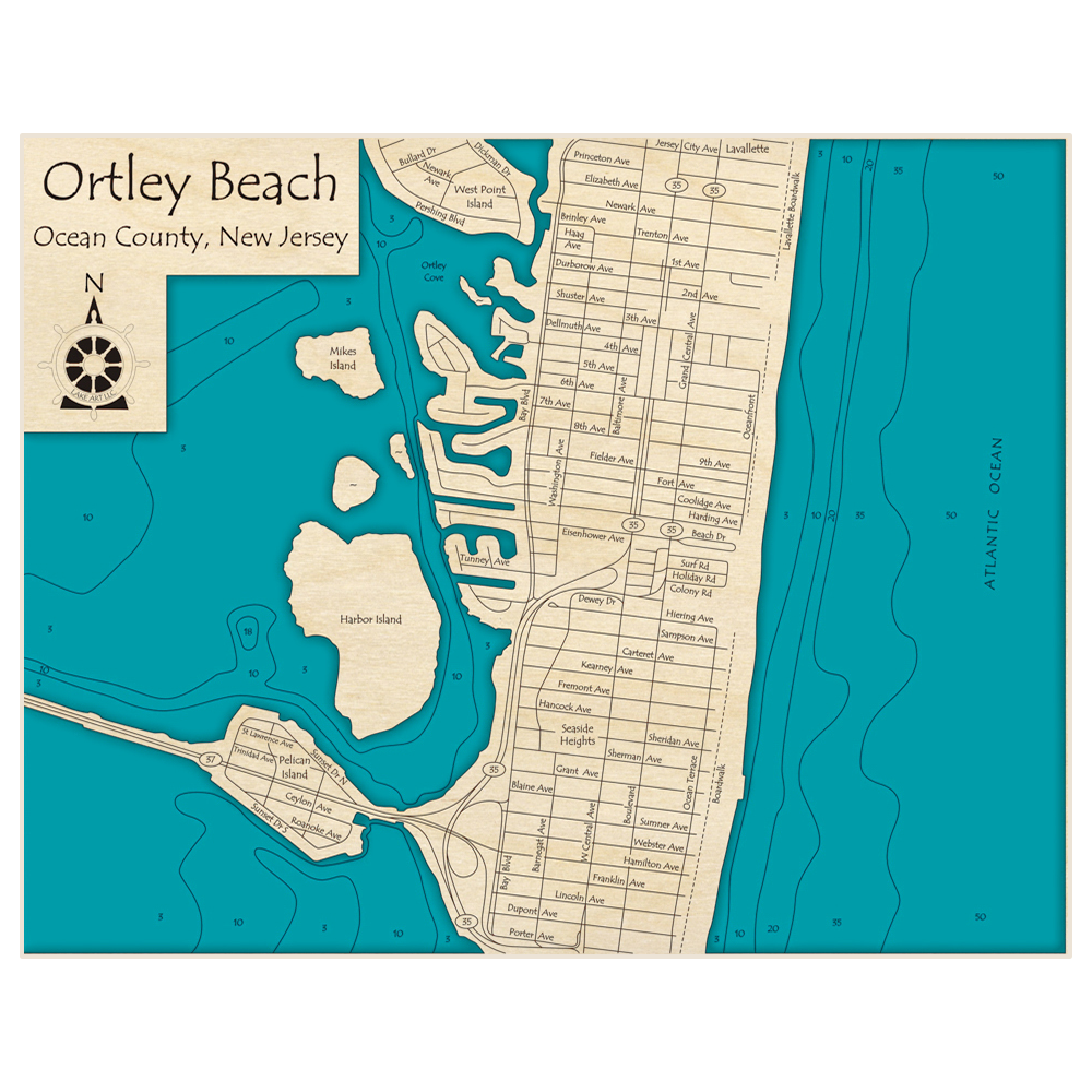 Bathymetric topo map of Ortley Beach (Jersey City Ave to Porter Ave) with roads, towns and depths noted in blue water