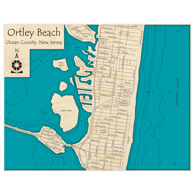 Bathymetric topo map of Ortley Beach (Jersey City Ave to Porter Ave) with roads, towns and depths noted in blue water