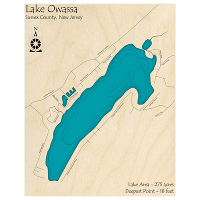 Bathymetric topo map of Lake Owassa with roads, towns and depths noted in blue water