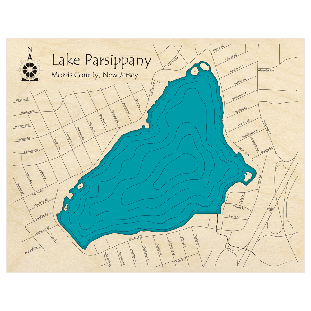 Bathymetric topo map of Lake Parsippany  with roads, towns and depths noted in blue water