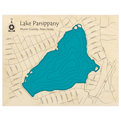 Bathymetric topo map of Lake Parsippany  with roads, towns and depths noted in blue water