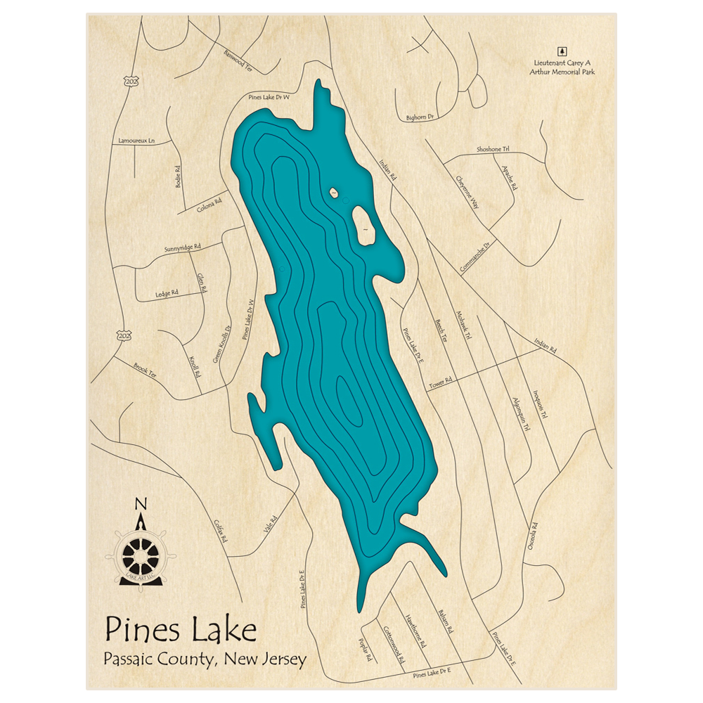 Bathymetric topo map of Pines Lake  with roads, towns and depths noted in blue water