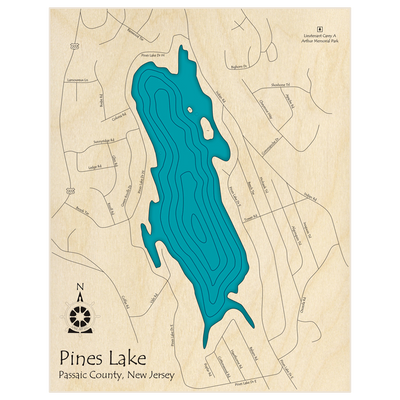 Bathymetric topo map of Pines Lake  with roads, towns and depths noted in blue water