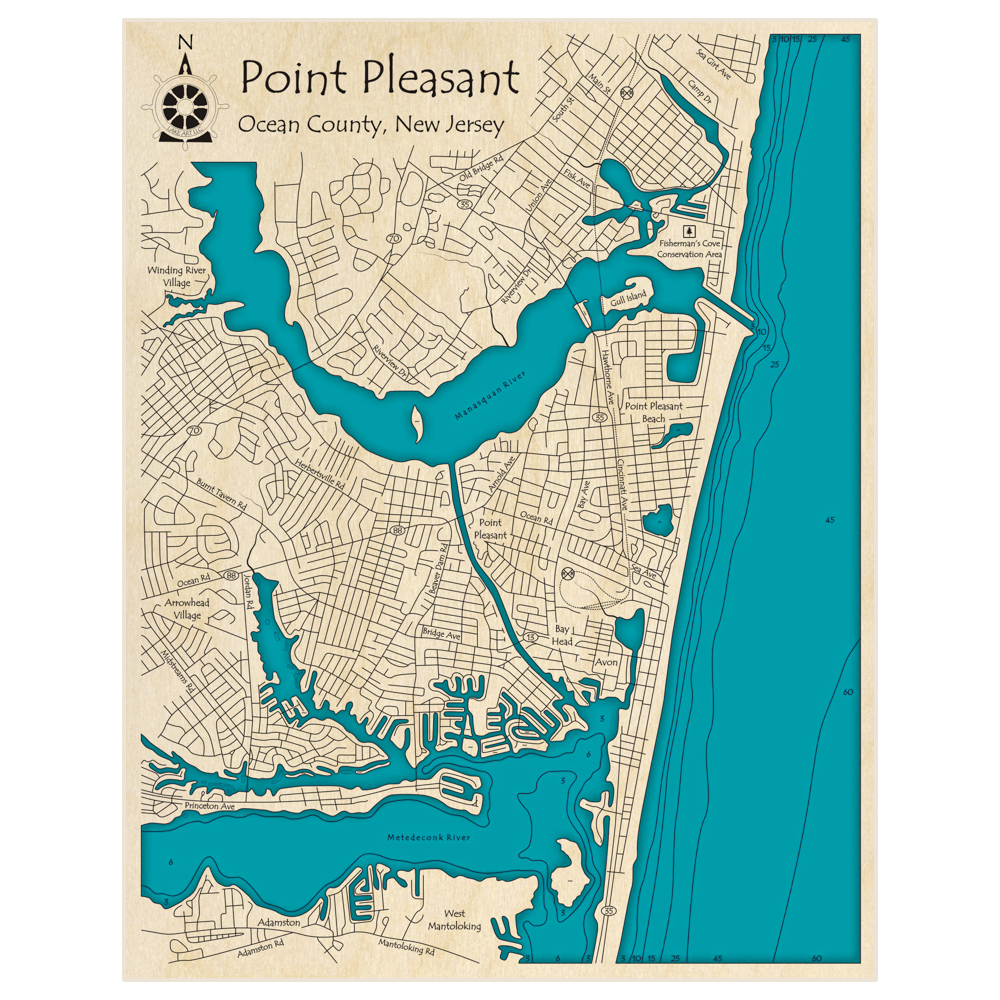 Bathymetric topo map of Point Pleasant with roads, towns and depths noted in blue water