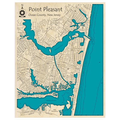 Bathymetric topo map of Point Pleasant with roads, towns and depths noted in blue water