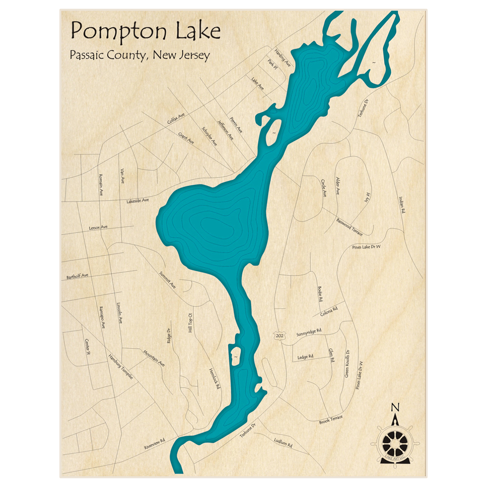 Bathymetric topo map of Pompton Lake  with roads, towns and depths noted in blue water