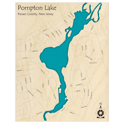 Bathymetric topo map of Pompton Lake  with roads, towns and depths noted in blue water