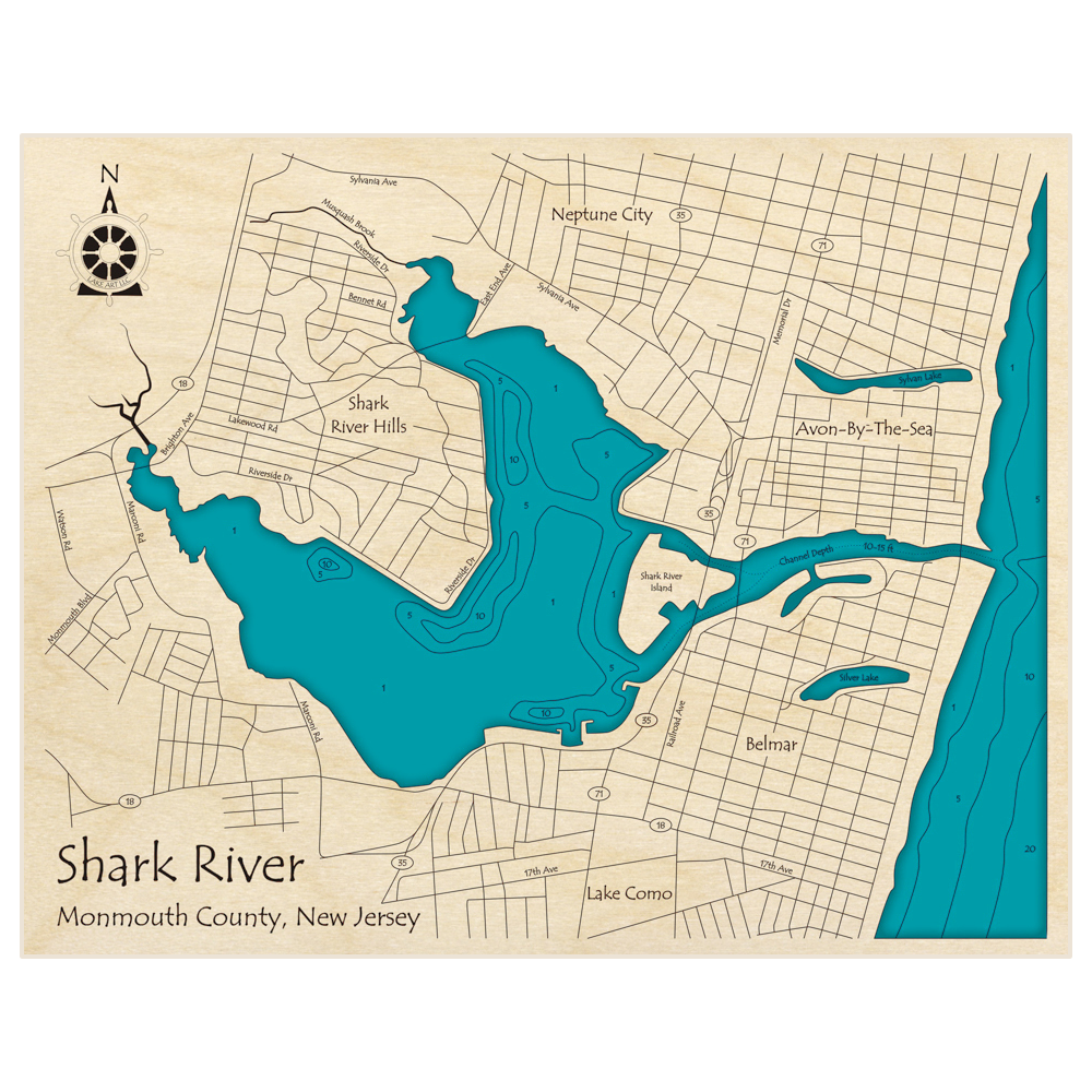 Bathymetric topo map of Shark River with roads, towns and depths noted in blue water