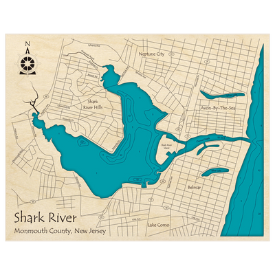 Bathymetric topo map of Shark River with roads, towns and depths noted in blue water