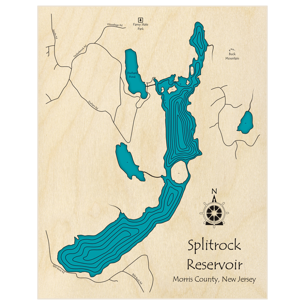 Bathymetric topo map of Splitrock Reservoir  with roads, towns and depths noted in blue water