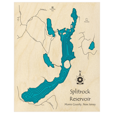 Bathymetric topo map of Splitrock Reservoir  with roads, towns and depths noted in blue water