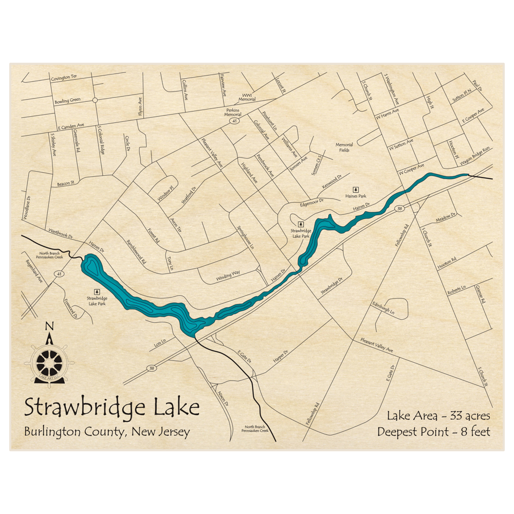 Bathymetric topo map of Strawbridge Lake  with roads, towns and depths noted in blue water