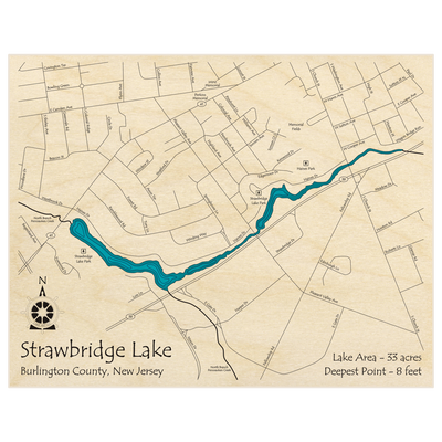 Bathymetric topo map of Strawbridge Lake  with roads, towns and depths noted in blue water