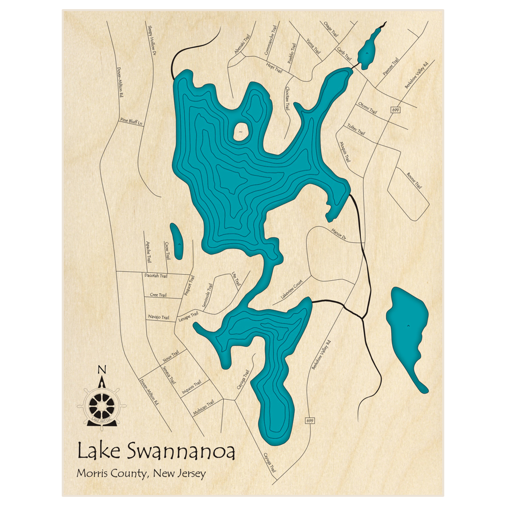 Bathymetric topo map of Lake Swannanoa  with roads, towns and depths noted in blue water