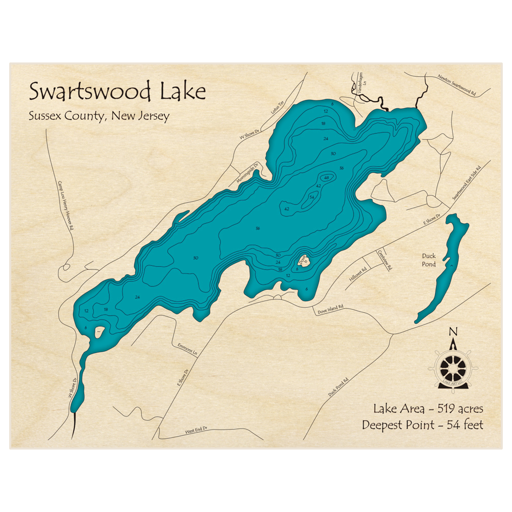 Bathymetric topo map of Swartswood Lake with roads, towns and depths noted in blue water