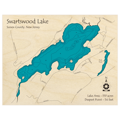 Bathymetric topo map of Swartswood Lake with roads, towns and depths noted in blue water