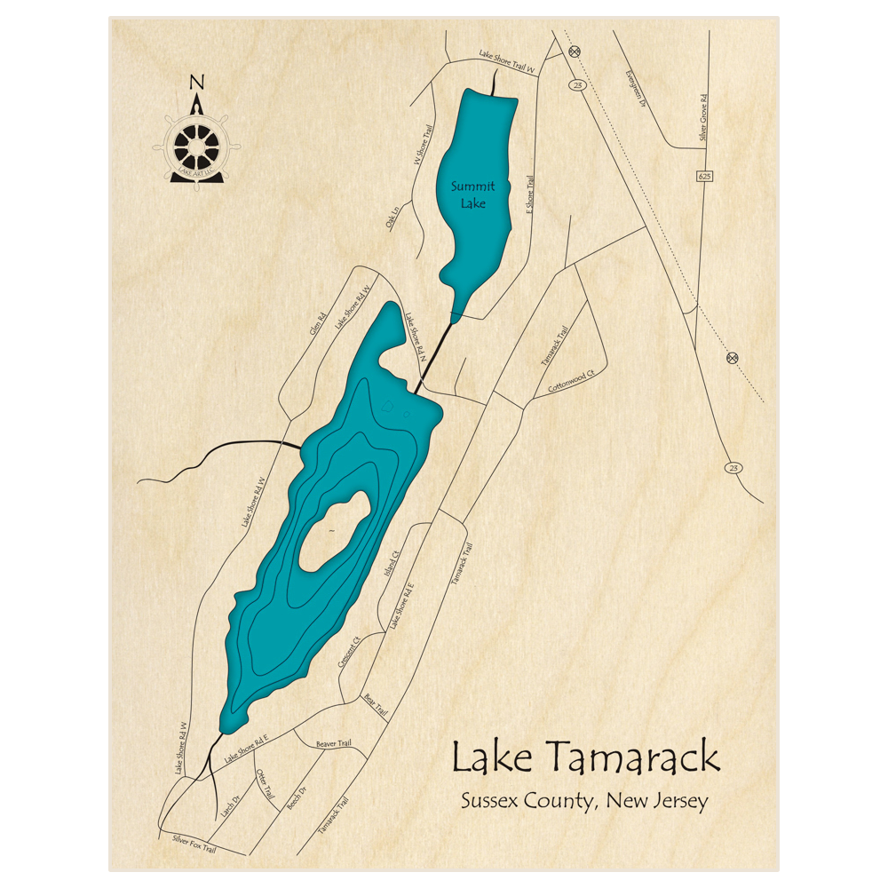 Bathymetric topo map of Lake Tamarack and Summit Lake  with roads, towns and depths noted in blue water