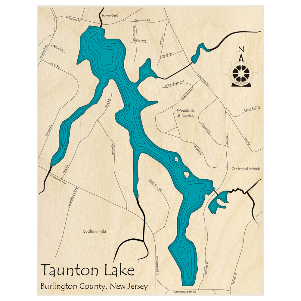 Bathymetric topo map of Taunton Lake  with roads, towns and depths noted in blue water