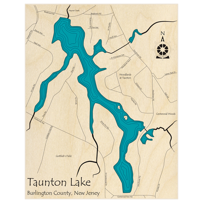 Bathymetric topo map of Taunton Lake  with roads, towns and depths noted in blue water