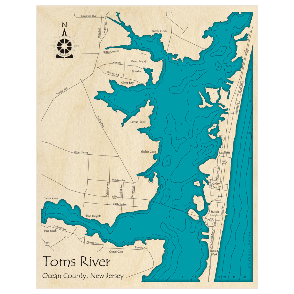 Bathymetric topo map of Toms River Region with roads, towns and depths noted in blue water