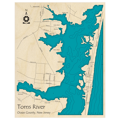 Bathymetric topo map of Toms River Region with roads, towns and depths noted in blue water