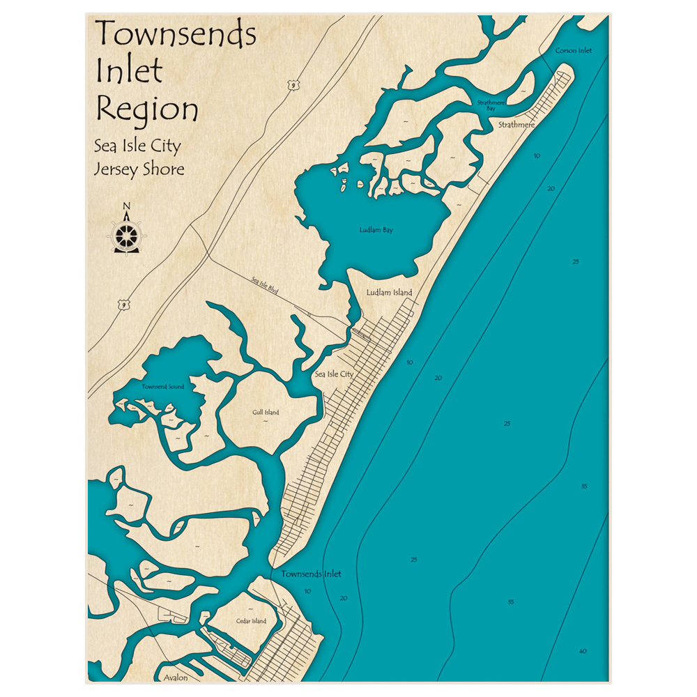 Bathymetric topo map of Townsends Inlet Region - Sea Isle City with roads, towns and depths noted in blue water