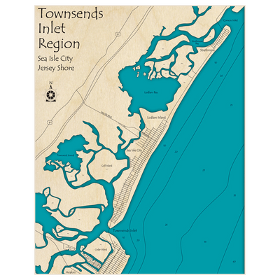 Bathymetric topo map of Townsends Inlet Region - Sea Isle City with roads, towns and depths noted in blue water