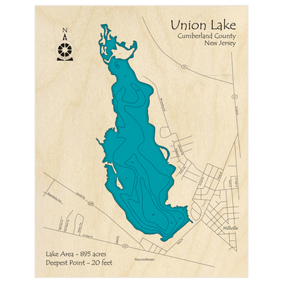 Bathymetric topo map of Union Lake with roads, towns and depths noted in blue water