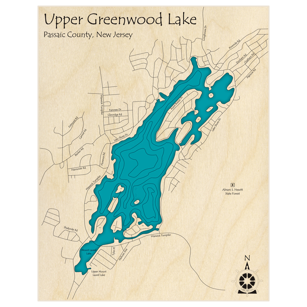 Bathymetric topo map of Greenwood Lake (Upper)  with roads, towns and depths noted in blue water