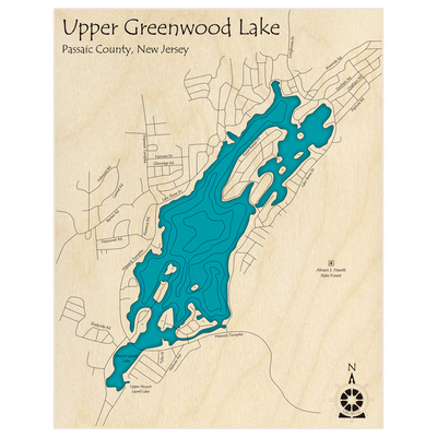 Bathymetric topo map of Greenwood Lake (Upper)  with roads, towns and depths noted in blue water