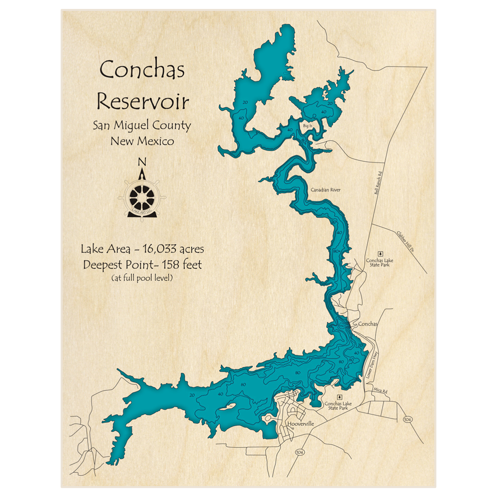 Bathymetric topo map of Conchas Reservoir with roads, towns and depths noted in blue water