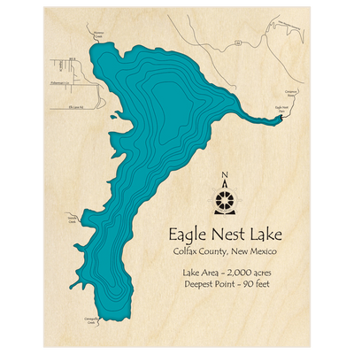 Bathymetric topo map of Eagle Nest Lake  with roads, towns and depths noted in blue water