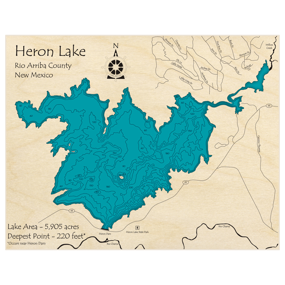 Bathymetric topo map of Heron Lake with roads, towns and depths noted in blue water