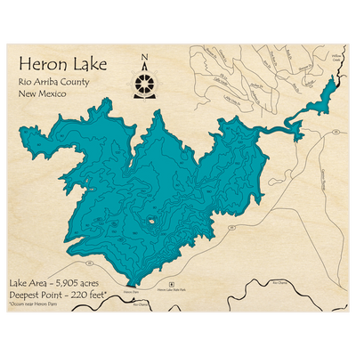 Bathymetric topo map of Heron Lake with roads, towns and depths noted in blue water