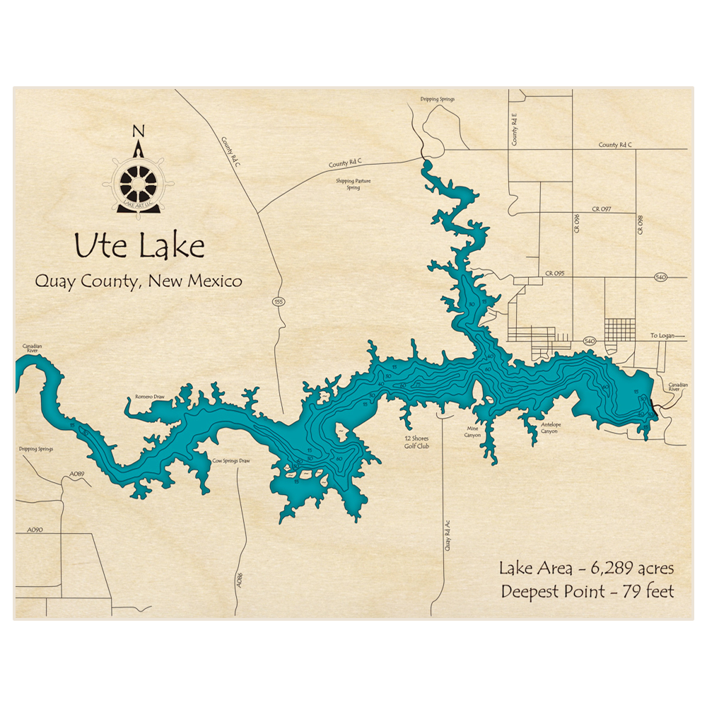 Bathymetric topo map of Ute Lake with roads, towns and depths noted in blue water