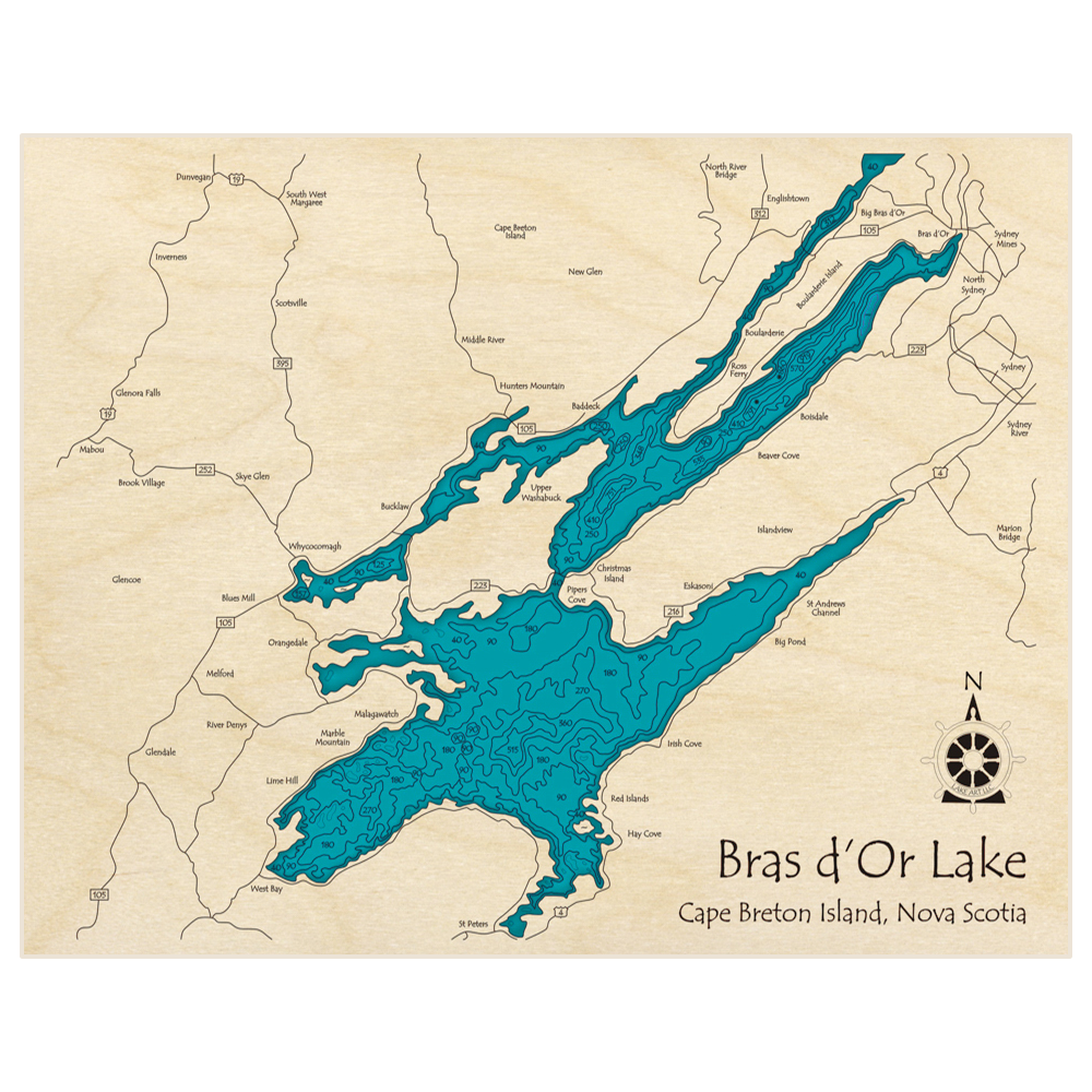 Bathymetric topo map of Bras Dor Lake with roads, towns and depths noted in blue water