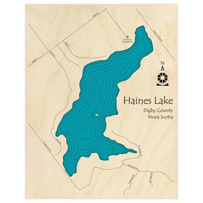 Bathymetric topo map of Haines Lake  with roads, towns and depths noted in blue water