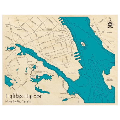 Bathymetric topo map of Halifax Harbor with roads, towns and depths noted in blue water